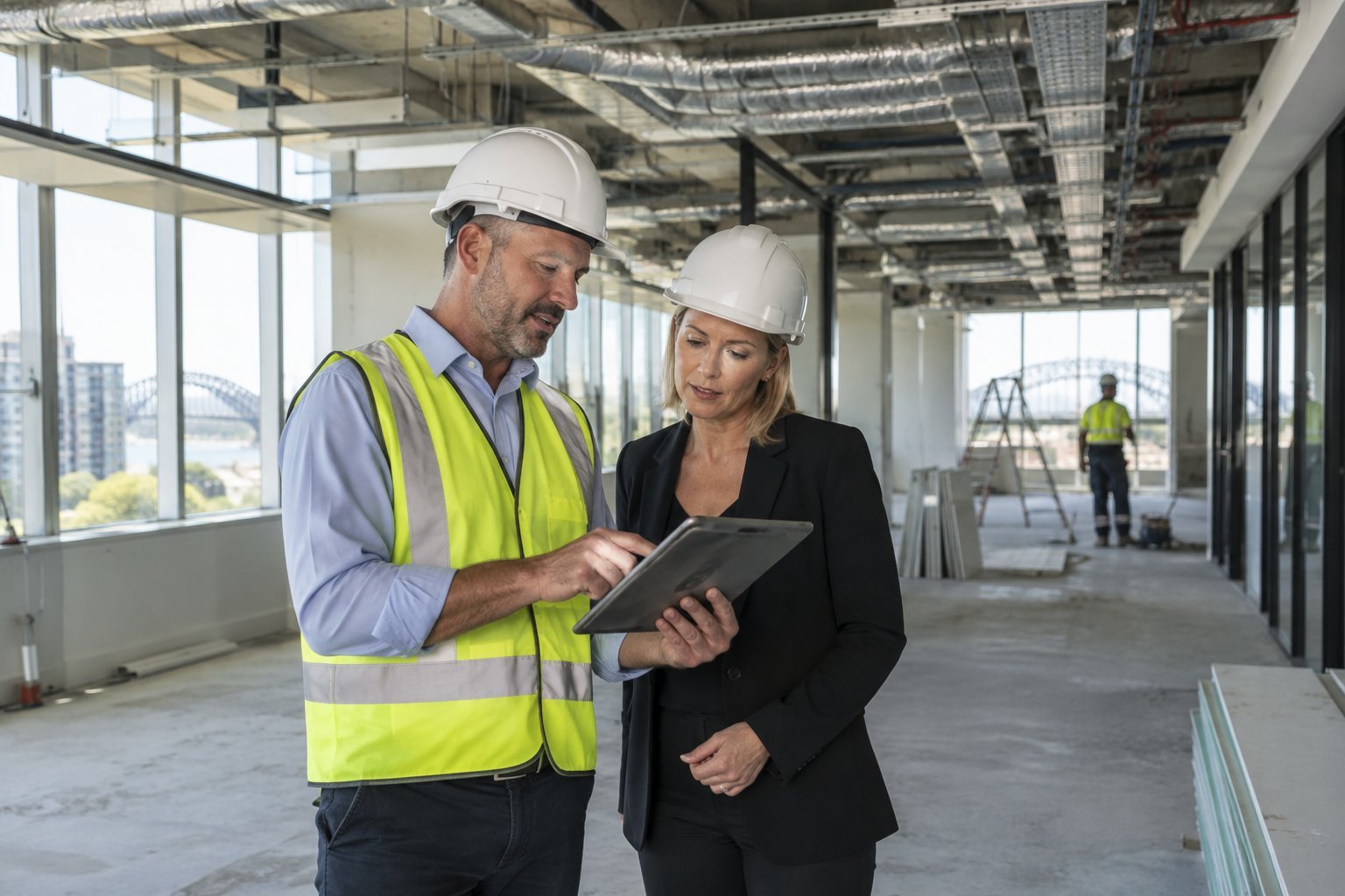Project manager and building owner reviewing plans during an office refurbishment site inspection in Sydney