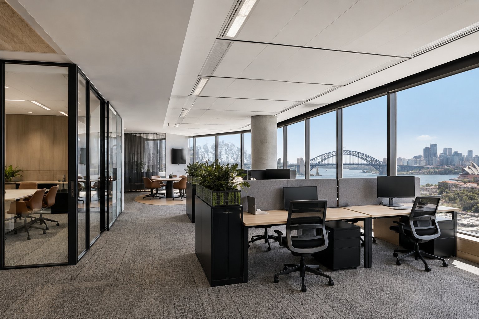 Office space planning Sydney floor plate with workstation clusters and meeting rooms