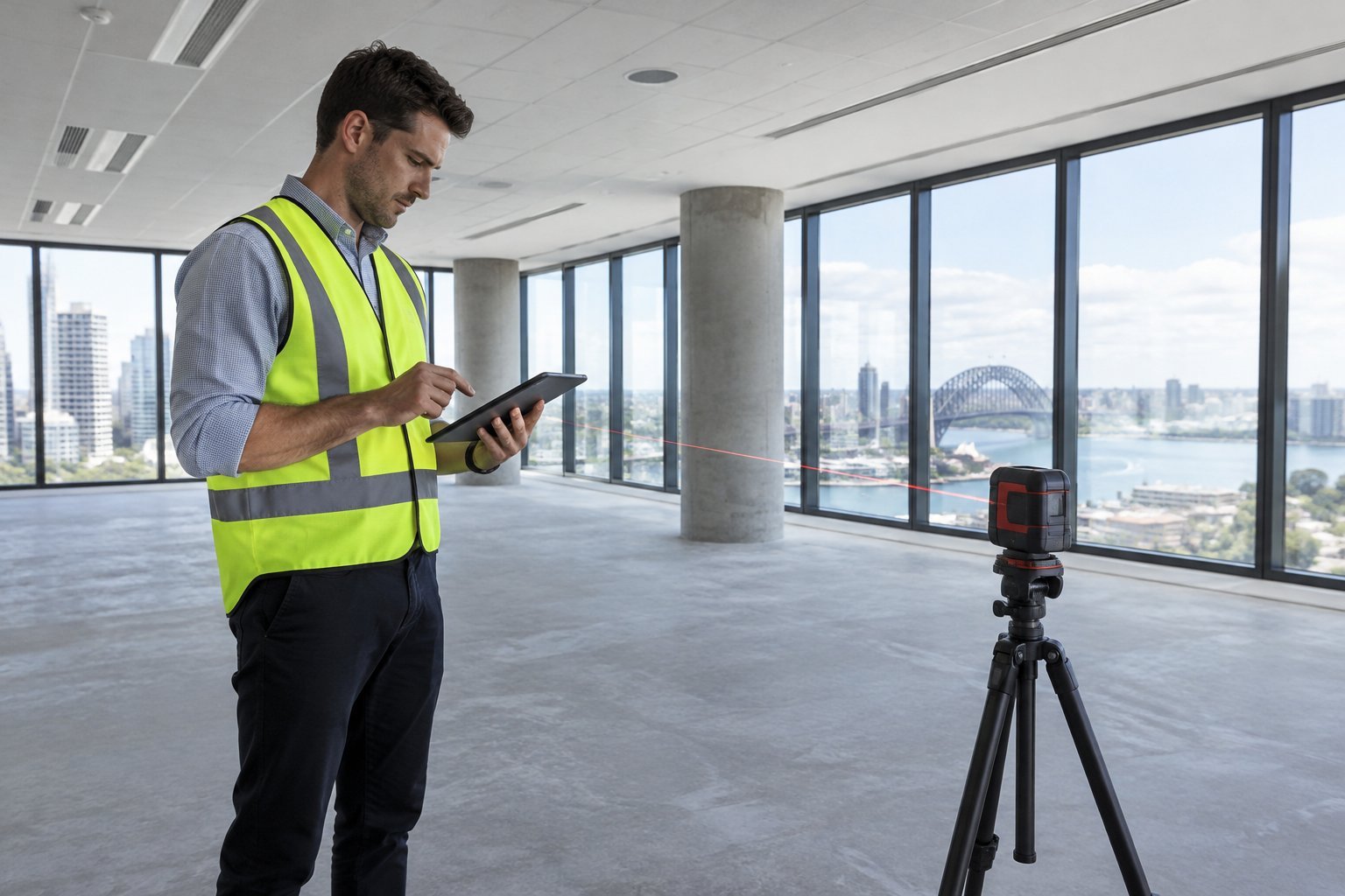 Surveyor measuring an empty Sydney office floor for a fitout budget