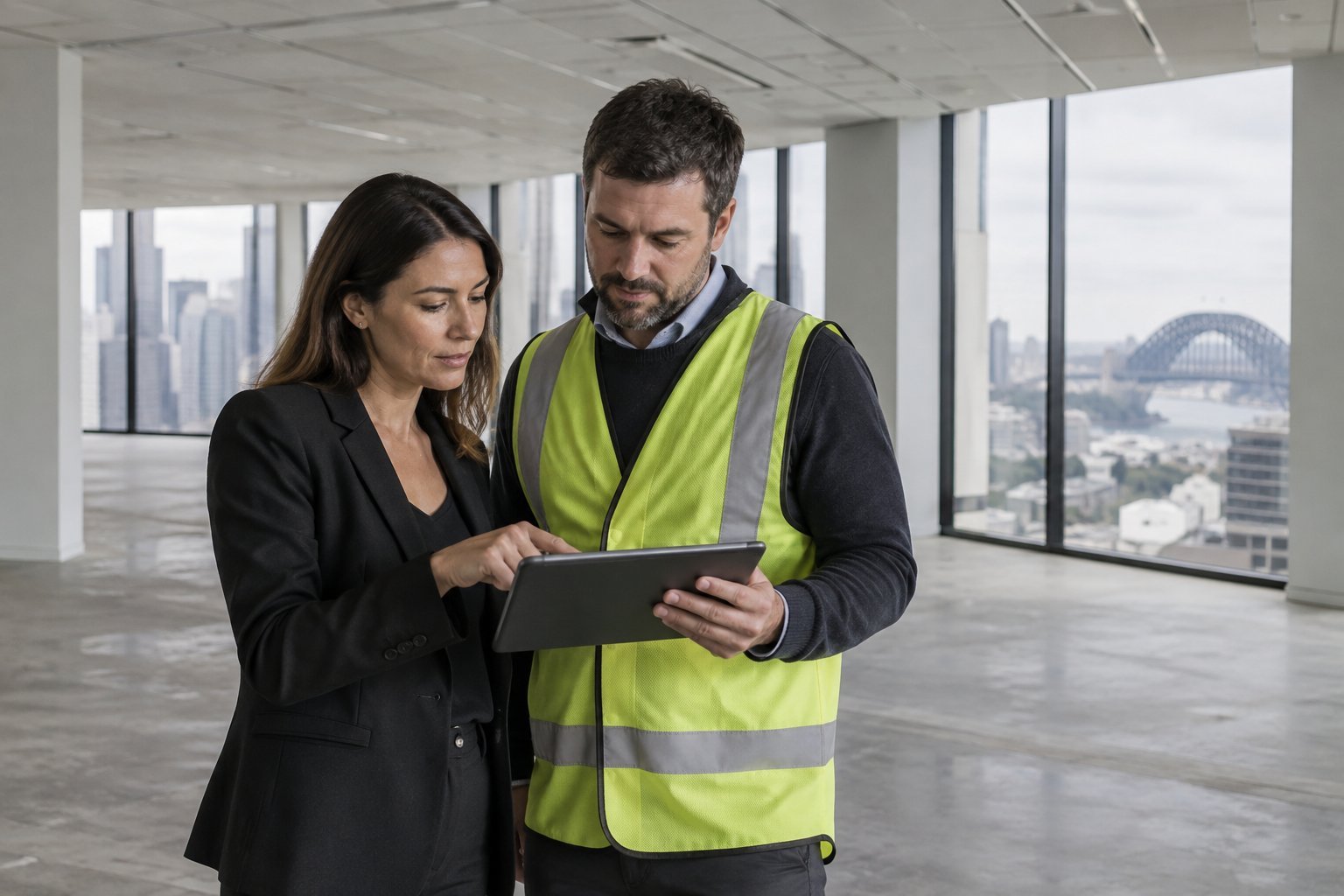 Business owner reviewing a fitout floor plan and budget in an empty Sydney office