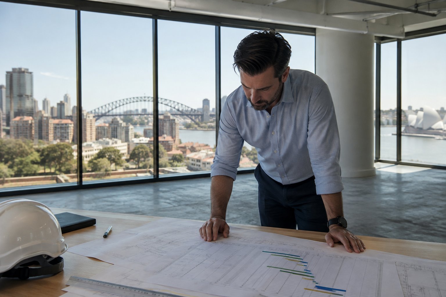 Project manager reviewing a fitout program schedule in an empty Sydney office