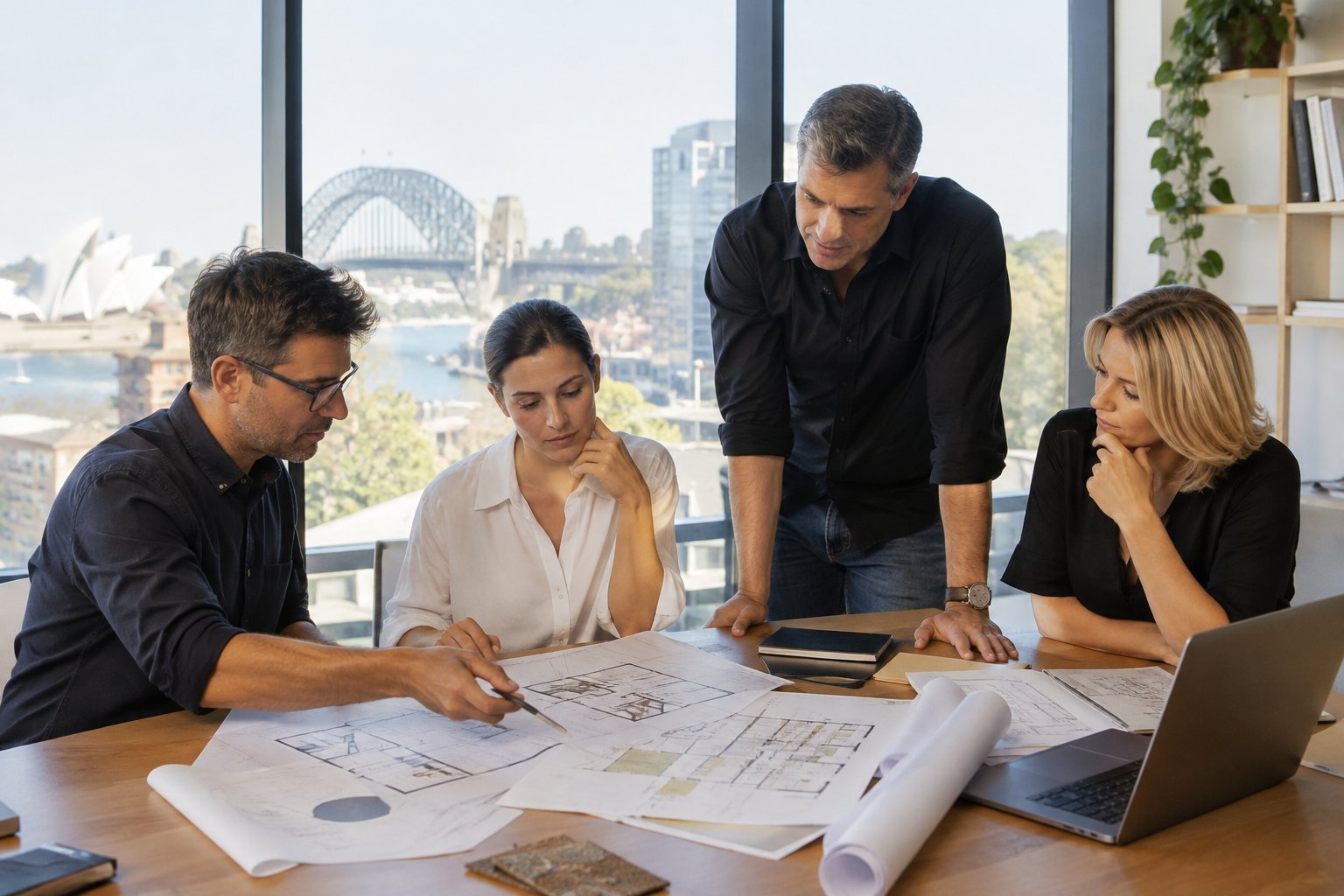 Project team reviewing floor plans around a table in a Sydney office