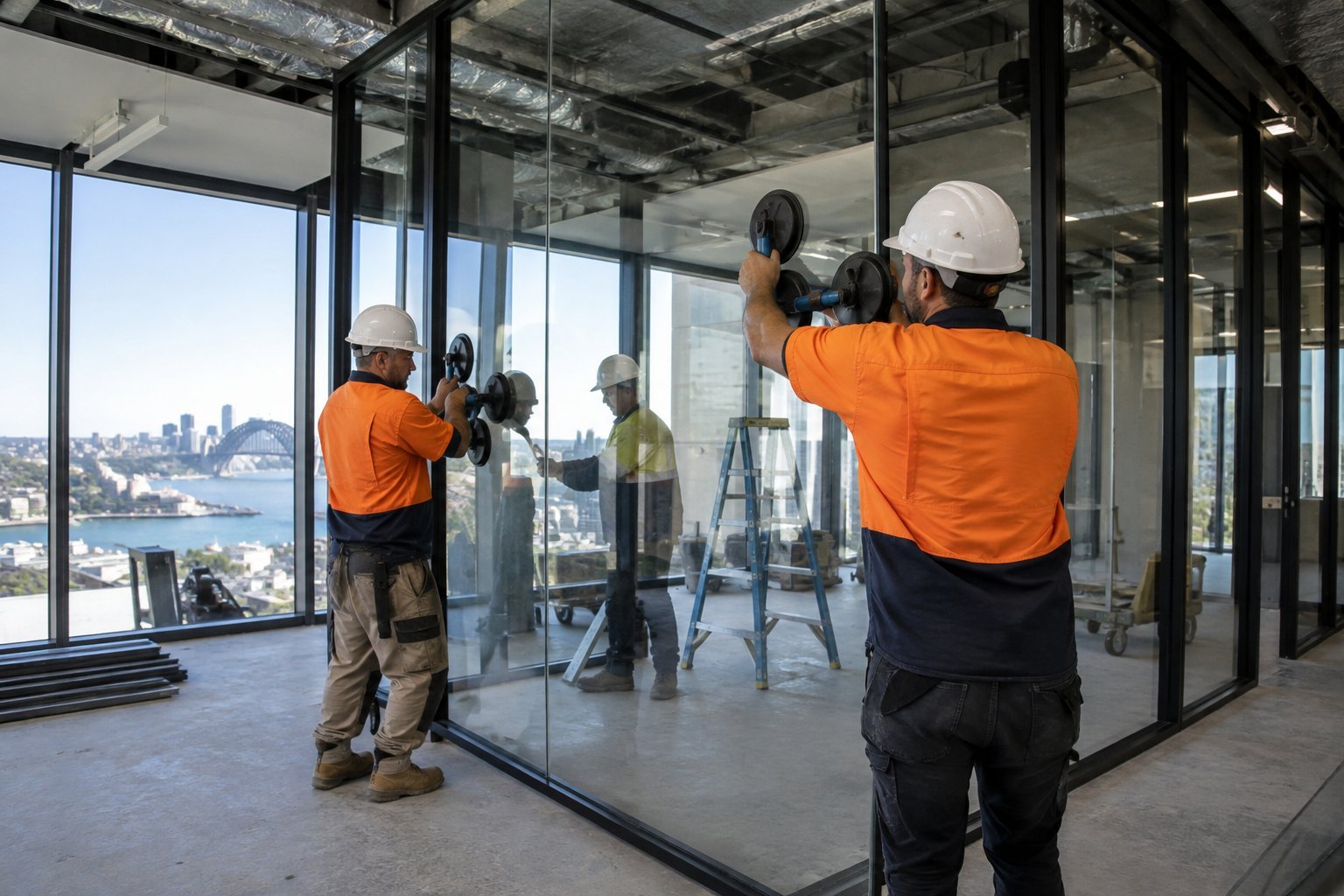Tradespeople installing toughened glass office partition panel in a Sydney fitout
