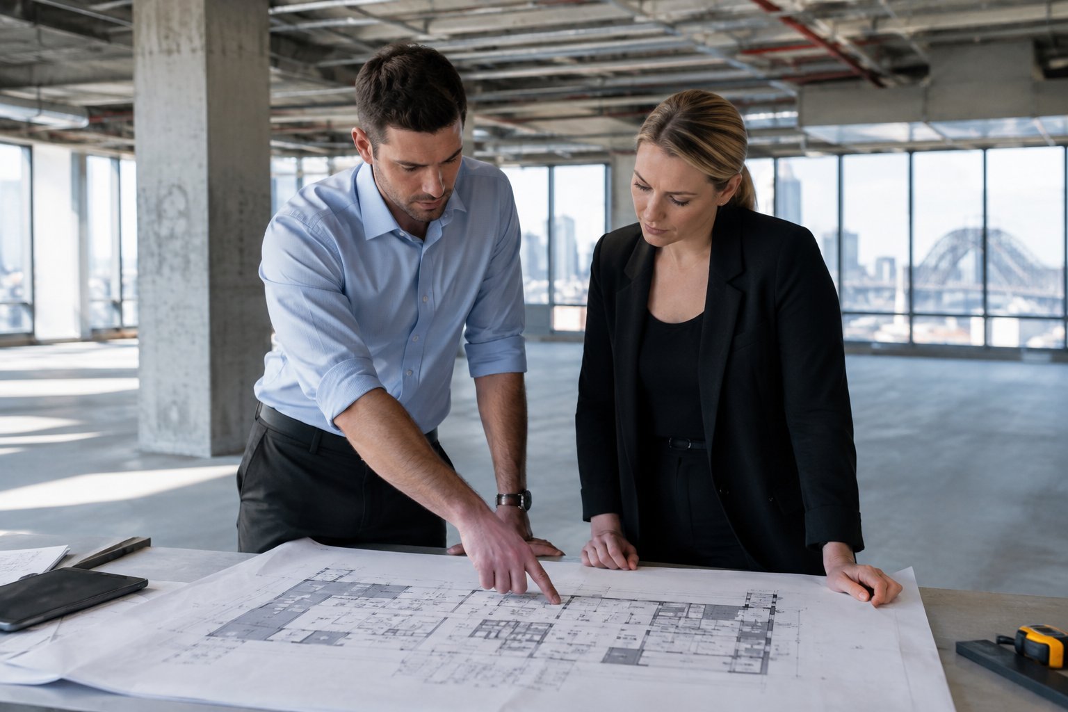 Fitout team reviewing a scaled office test fit floor plan in Sydney