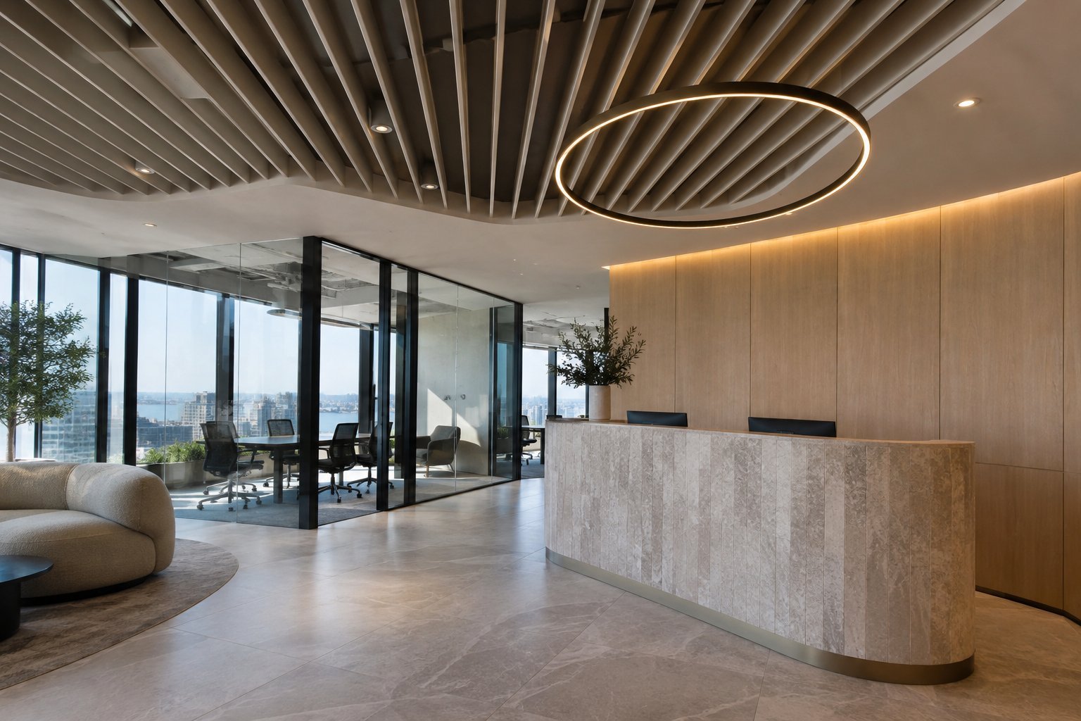 Premium Sydney office fitout with feature ceiling and acoustic glazing