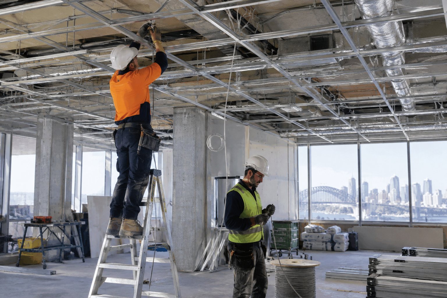 Tradespeople installing ceiling grid and cabling during a Sydney office fitout