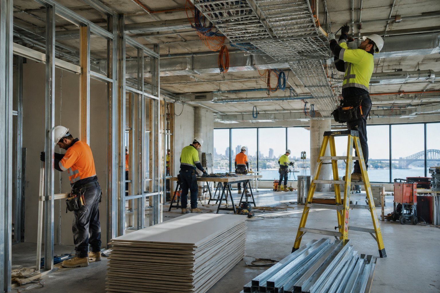 Tradespeople framing partitions and running cable trays during a Sydney office fitout