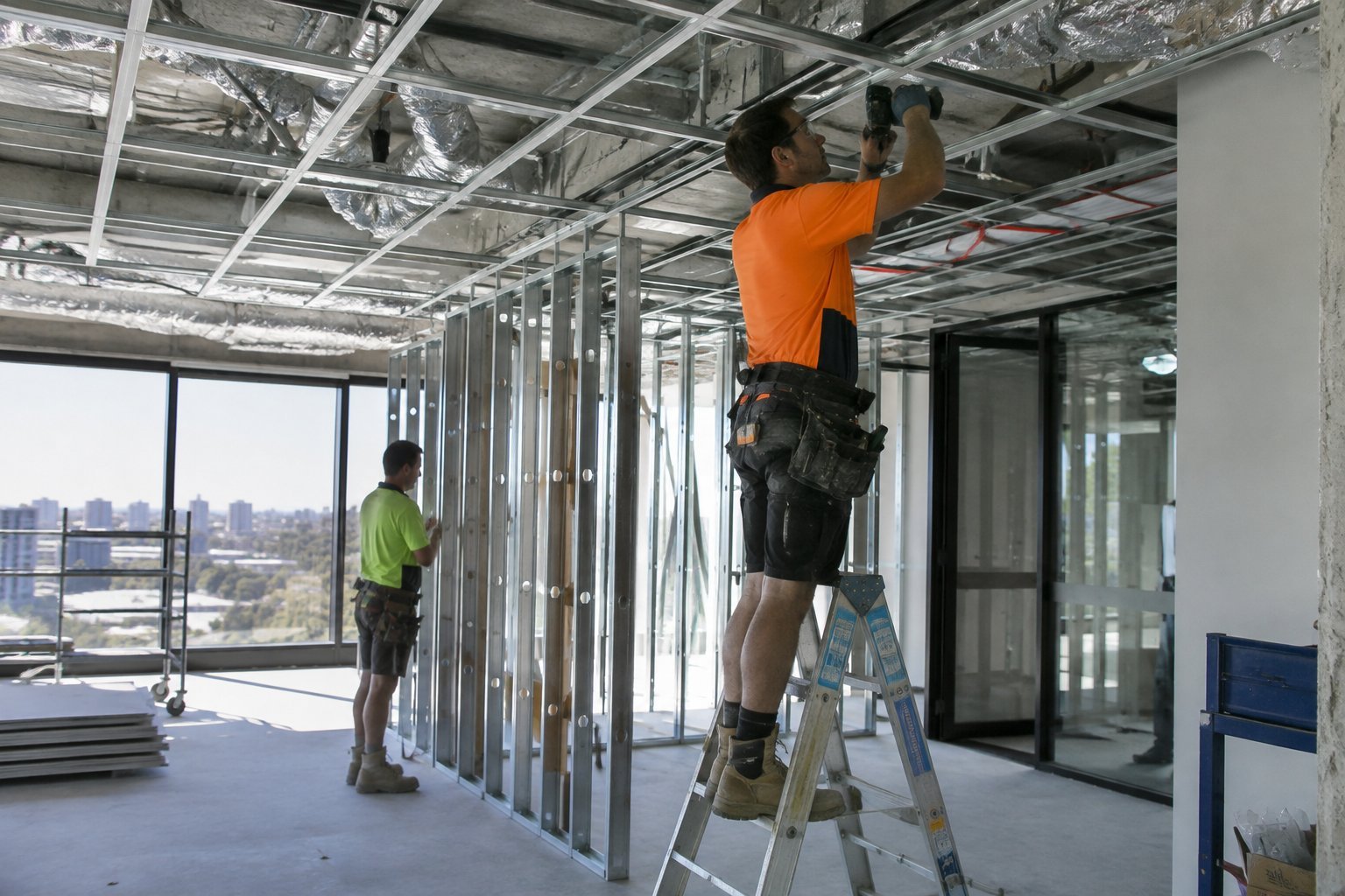 Tradespeople installing ceiling grid and partition framing in a Sydney office fitout