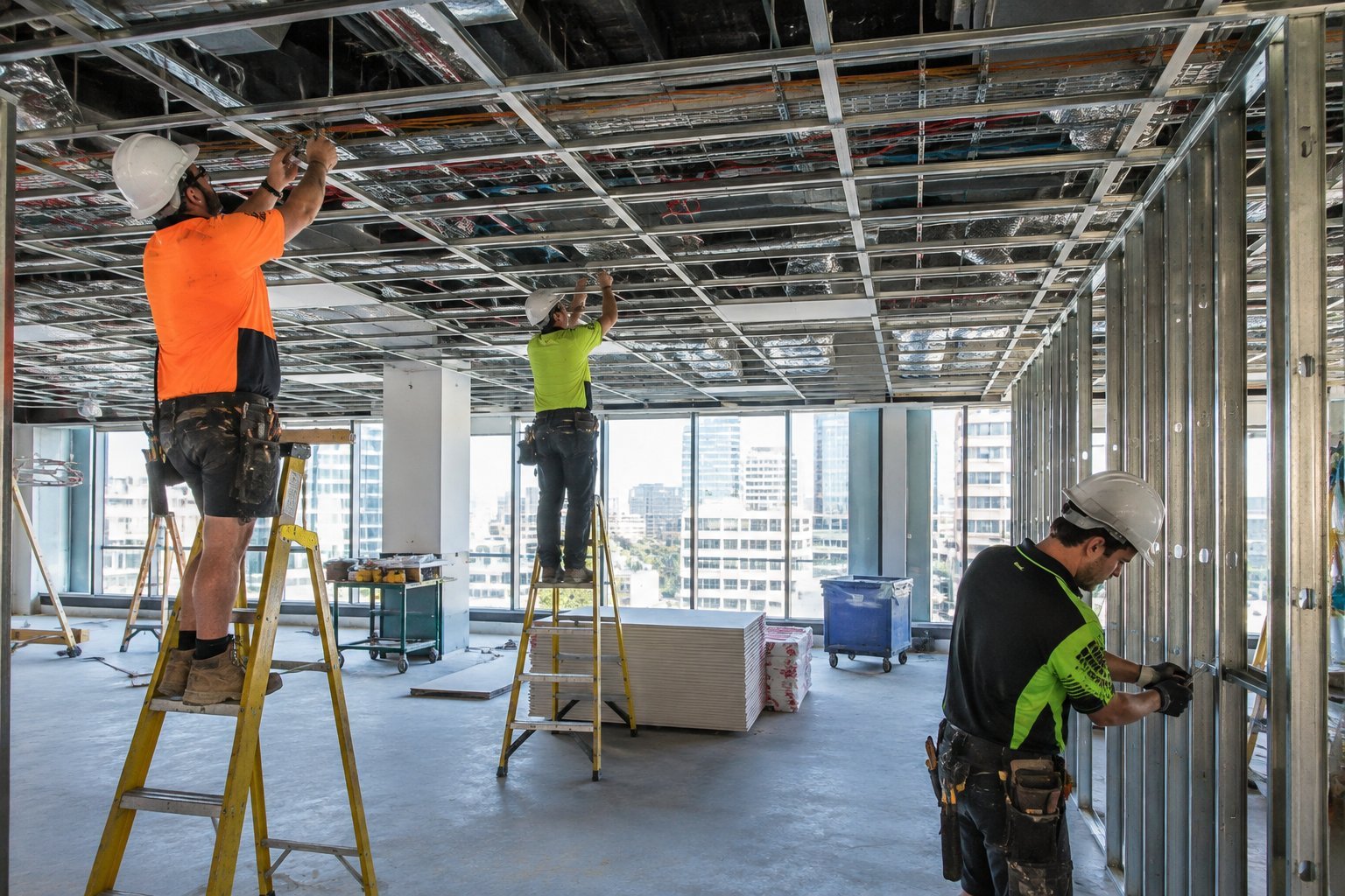 Electricians and carpenters working on ceiling and partition framing in a Sydney office fitout