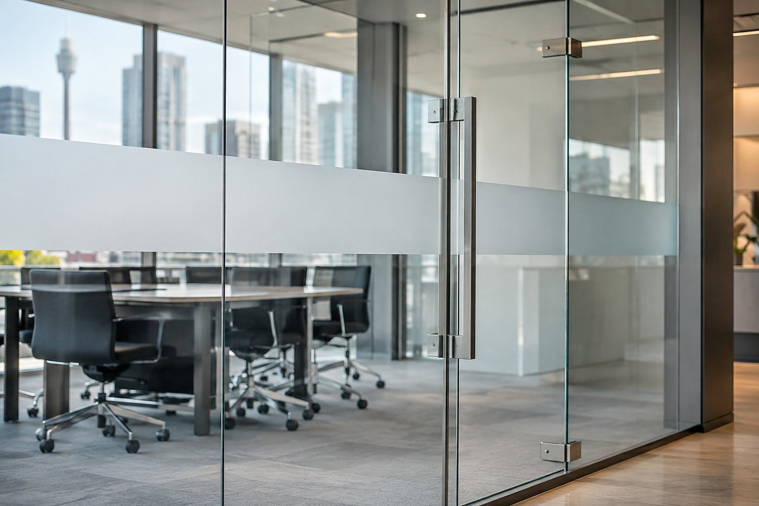 Glass office partition with frosted manifestation band and glass door