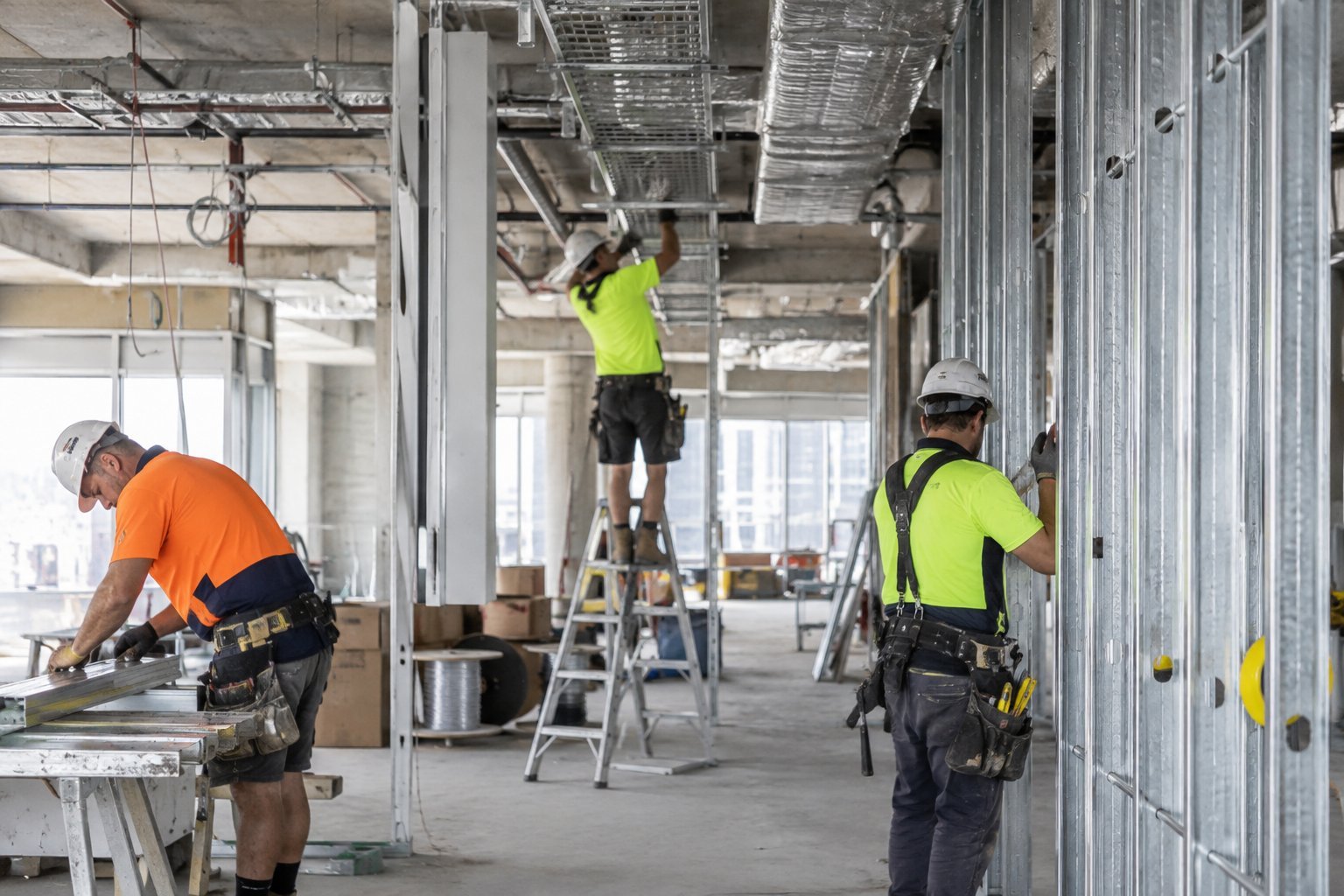 Tradespeople installing partition framing during an office fitout in Sydney