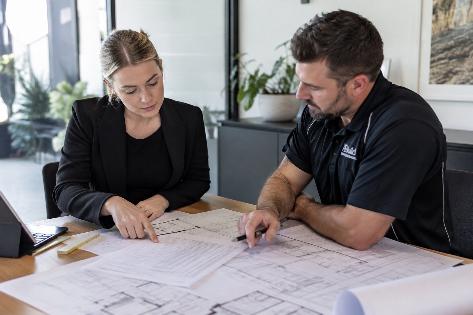 Project manager and client reviewing an itemised office fitout quote