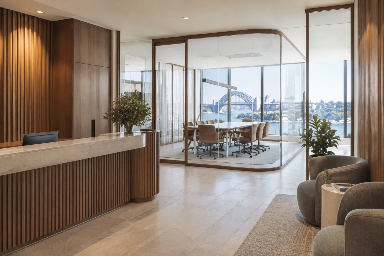 Small Sydney professional services office with timber joinery and glazed meeting room