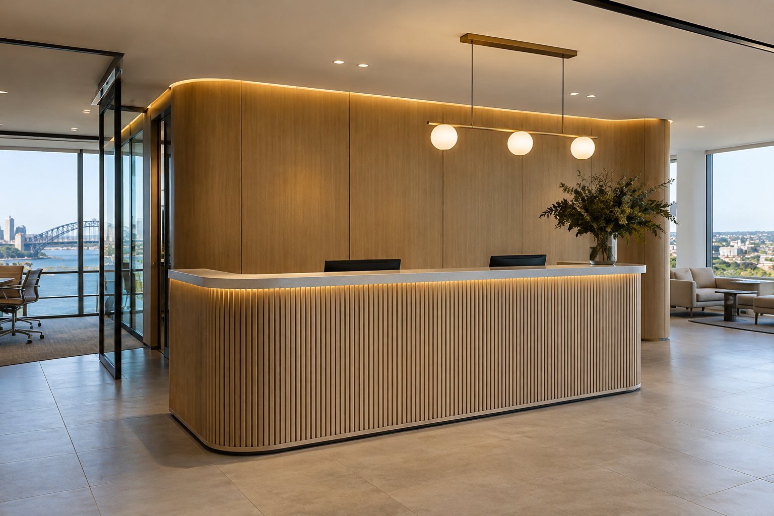Finished Sydney office reception with timber joinery and feature lighting