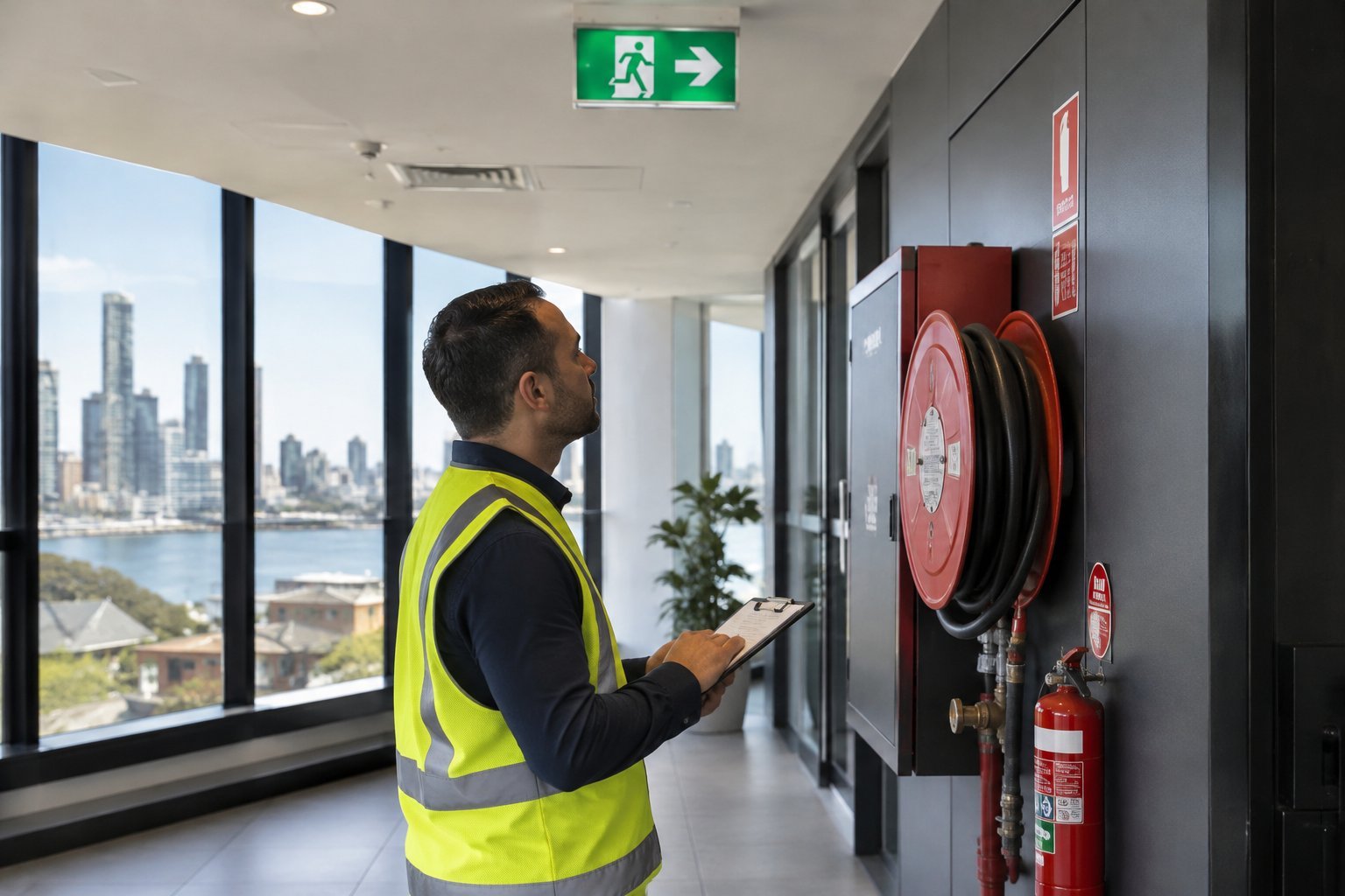 Inspector checking exit signage and fire equipment in a new Sydney office