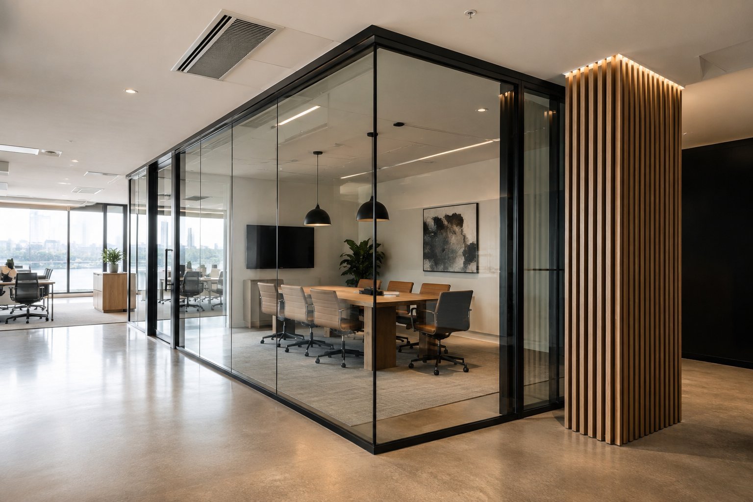 Completed Sydney meeting room with double glazed glass partition and daylight