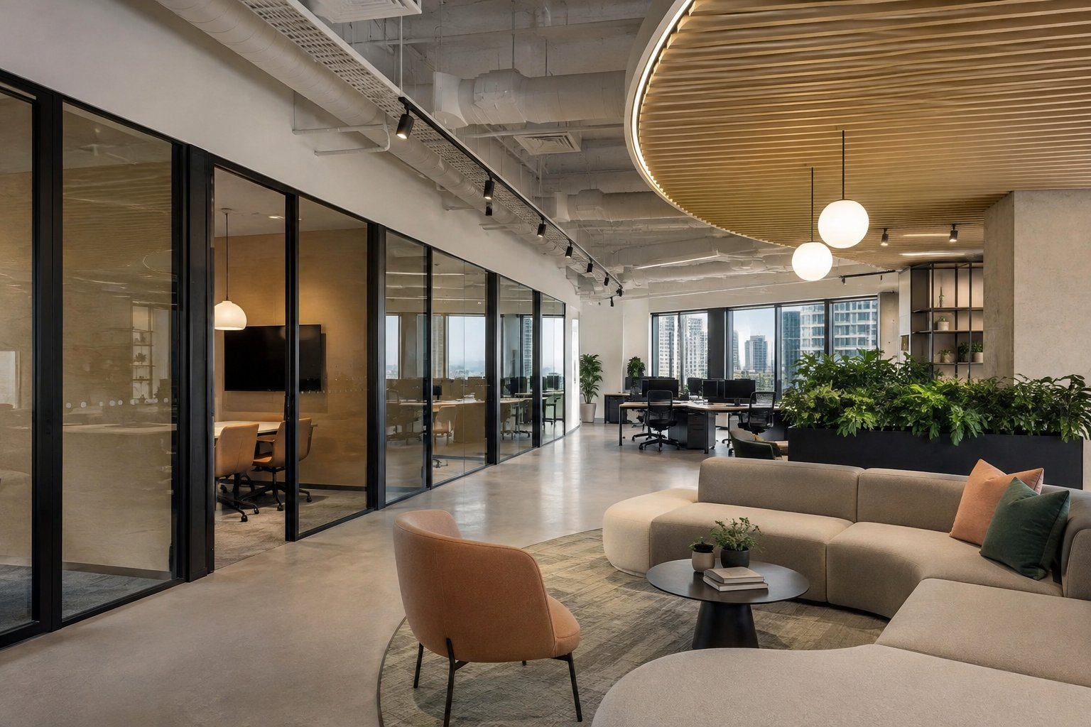 Completed Sydney office with collaboration zone and glass fronted meeting rooms