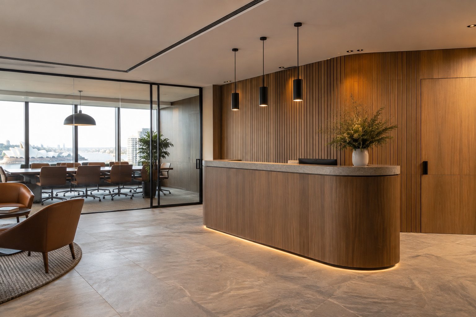 Completed Sydney office reception with custom joinery feature wall