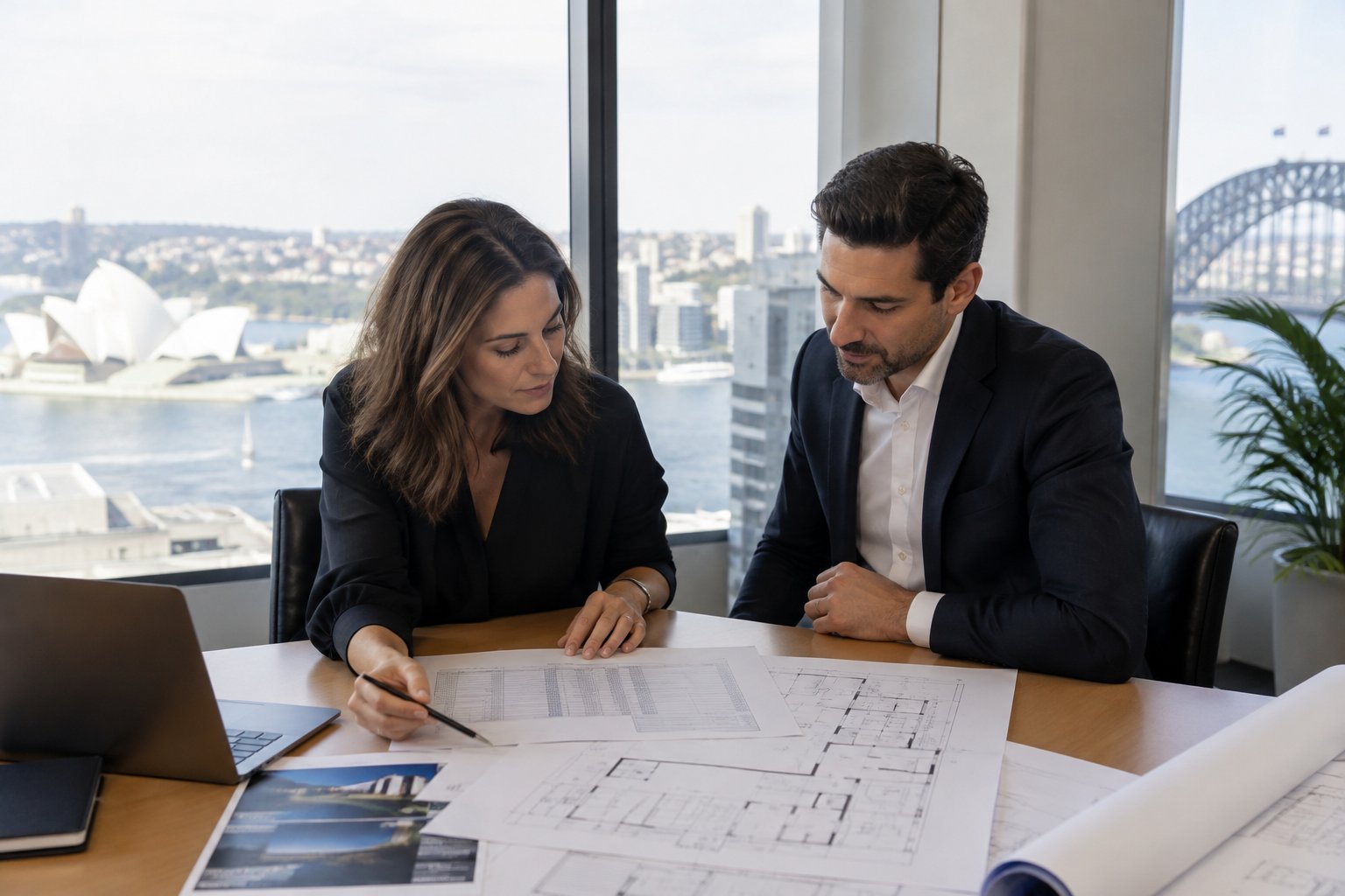 Colleagues comparing fitout benchmark cost tables and floor plans