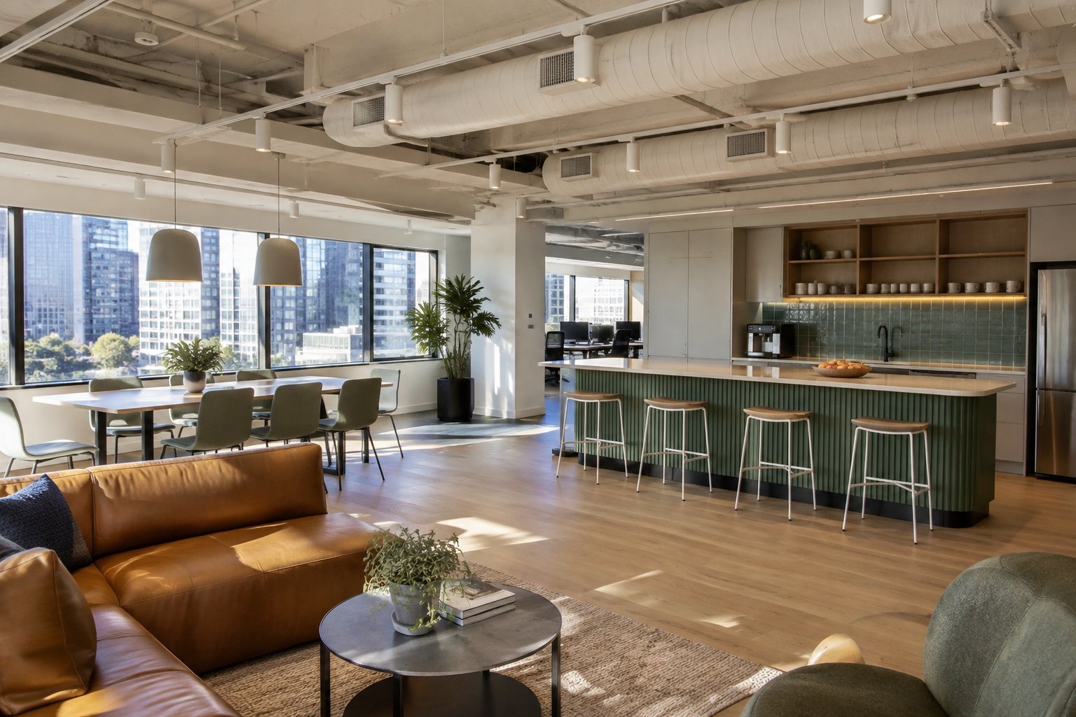 Bright office kitchen and breakout area in a completed Sydney fitout